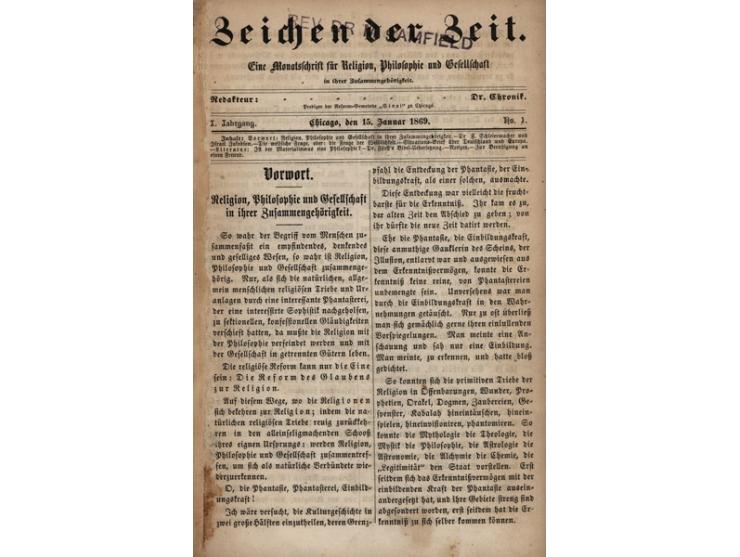 Zeichen der Zeit, Eine Monatschrift f&uuml;r Religion, Philosophie und Gesellschaft, Redakteur: Dr. Chronik [סימני הזמן, ירחו