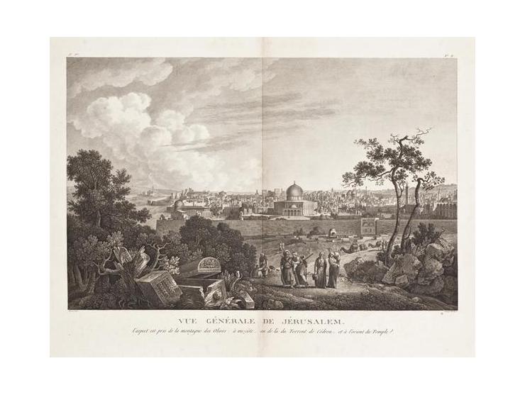 Vue g&eacute;n&eacute;rale de J&eacute;rusalem [מראה כללי של ירושלים]. תחריט מעשה ידי 
Jean Pierre Berthault, על-פי Louis Fra
