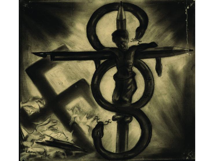 ציור מקורי מאת האמן אלכס לאון, 1935. 
עפרון, גרפיט ודיו על נייר. חתום ומתוארך. 
בעבודה זו, המתארת את רדיפת אנשי הרוח, נראה גב