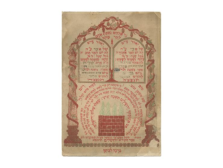 "נר אלהים נשמת אדם, לזכר עולם". דף יאהרצייט מודפס. [אירופה?, סוף המאה ה-19]. דפוס אבן בצבעים ירוק ואדום. בראשו שני לוחות למיל