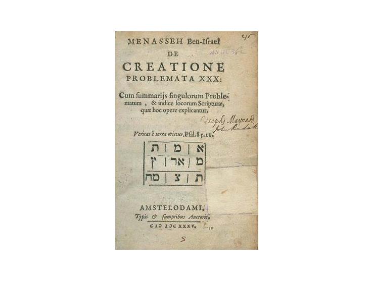 De Creatione Problemata XXX [על שלושים שאלות הבריאה], מאת מנשה בן ישראל. Typis &amp; sumptibus auctoris (נדפס בידי המחבר). אמ