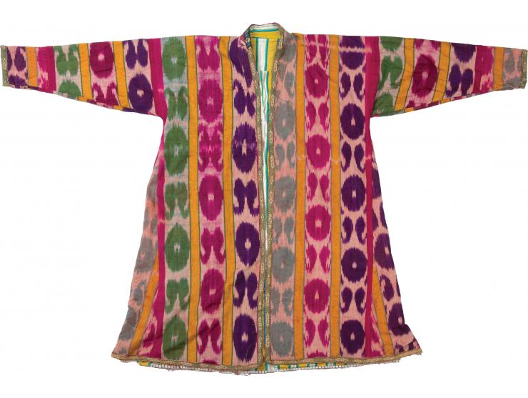 Three overcoats. [Bukhara, early 20th century].
 1. Ceremonial overcoat. Made of brocade silk in the shades of red, pink and 