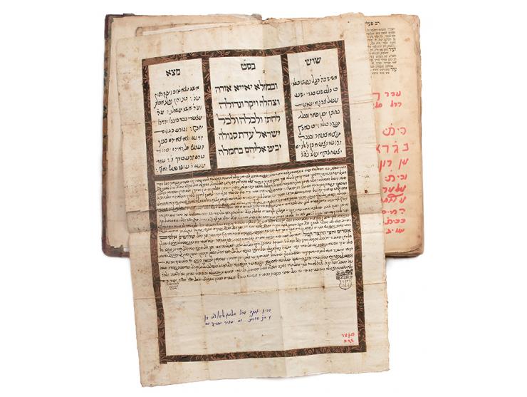 Collection of important documents including: early Ketubot from the 19th-20th centuries, documents, Shiviti leaves and amulet