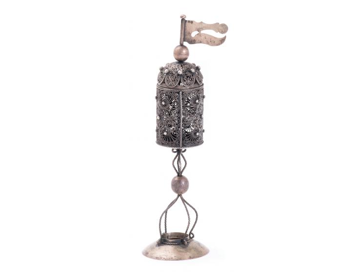A cylindrical filigree spice container ornamented with silver globules. Russia, mid-19th century. Silver (marked); filigree. 