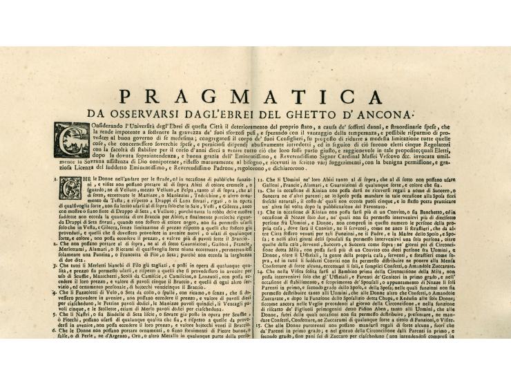 Pragmatica da osservarsi dagl'ebrei del getto d'Ancona. אנקונה, 1739. דפוס Niccola Bellelli . איטלקית. כרוז גדול חתום (בדפוס)
