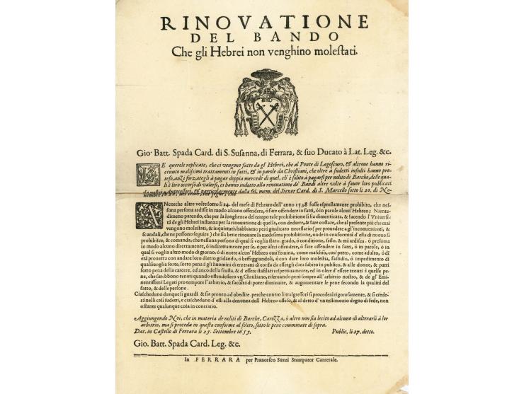 Rinovatione del Bando che gli Hebrei Non Venghino Molesfati. Ferrara, 1655  ו 1683. איטלקית. שתי פקודות המחדשות פקודות קודמות
