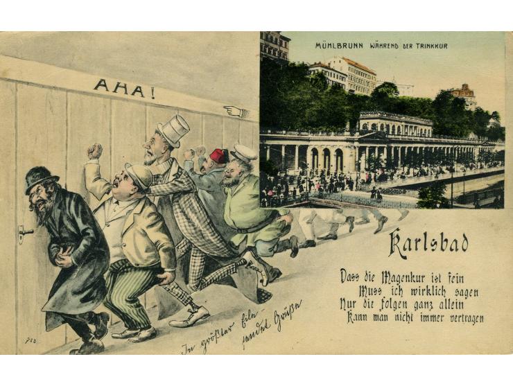 10 postcards with Jewish figures from Carlsbad and Marienbad, aside from one, all have colored illustrations. Some bear the b