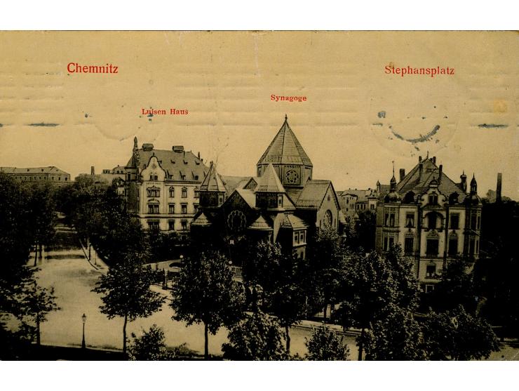 Seven postcards, synagogues of Prague, M&uuml;nchen, Chemnitz, Dortmund (Germany), Anvers (Belgium), Karlsbad and Pancsova (H