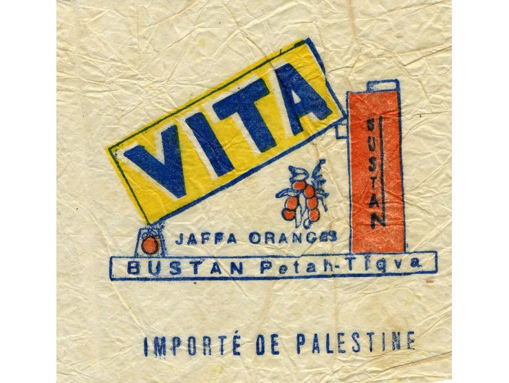 81 wrapping papers for exporting Jaffa oranges (not intact), most are illustrated and colored. Among the companies stamped on
